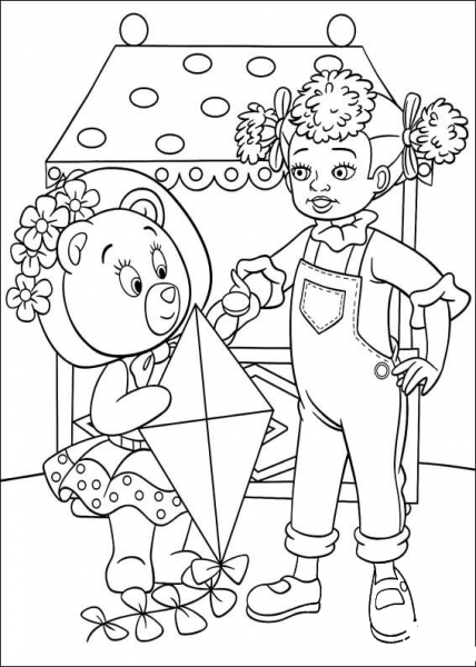 Tessie Bear holds a Kite and wants to play with Dinah Doll  coloring page image