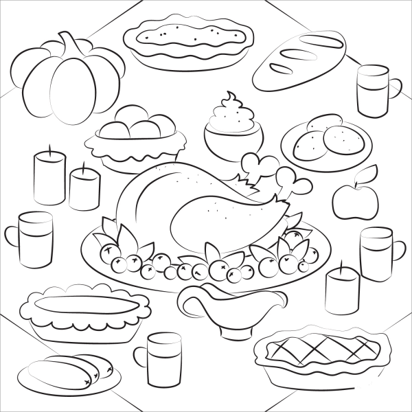 Thanksgiving Dinner with Turkey Dish coloring page image