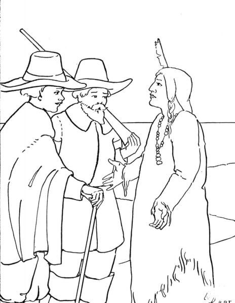 Thanksgiving Pilgrims and Indian coloring page image