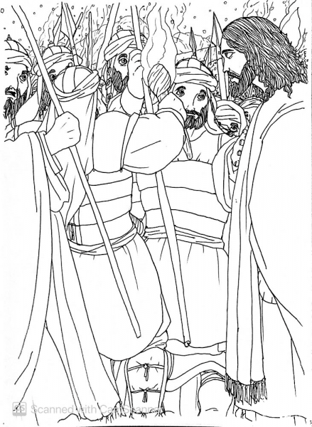 The Band of Soldiers and Judas Find Jesus – I Am Here coloring page image