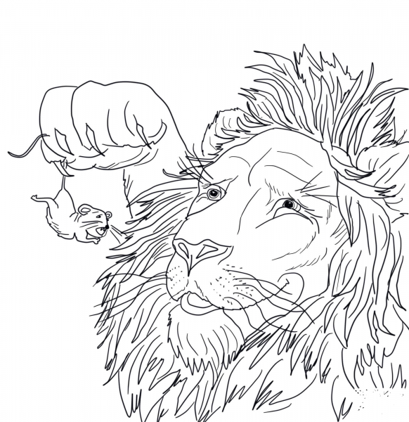 The Big Lion Caught a Tiny Mouse coloring page image