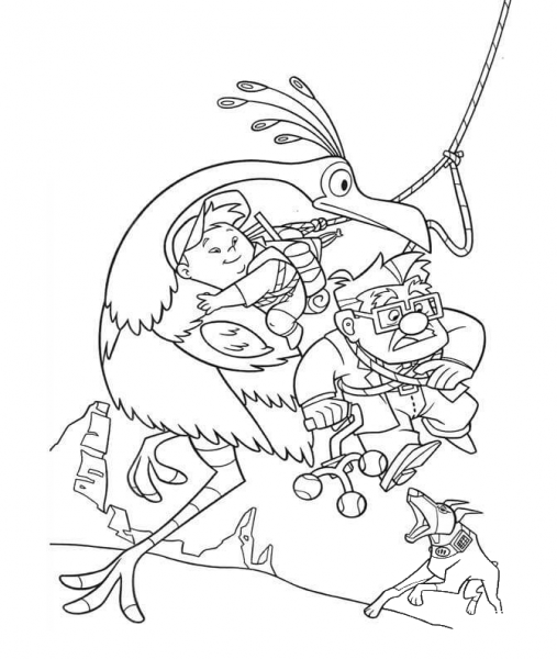 The bird is saving Carl and Russell From Dogs  coloring page image