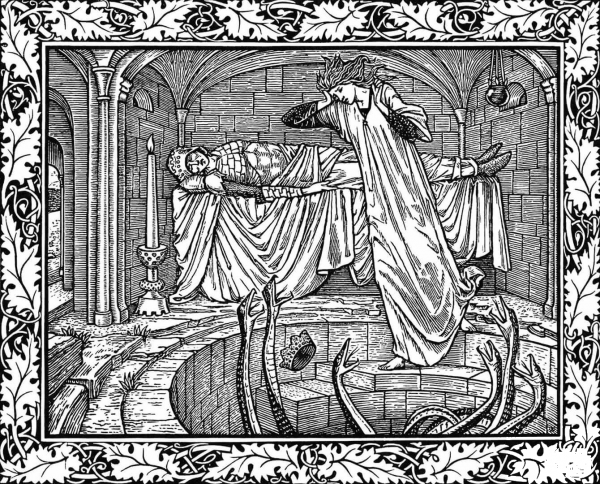 The Body of a Dead Soldier and a Dismayed Queen coloring page image
