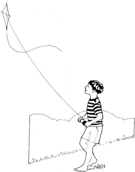 The Boy Is Playing With The Kite  coloring page image
