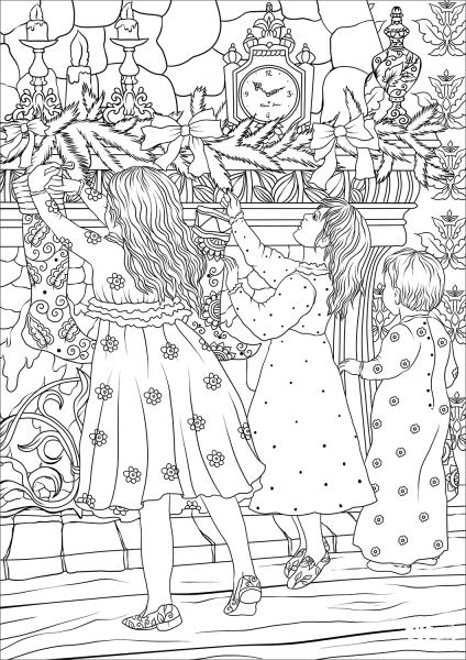 The Children Hanging the Stocking by the Chimney coloring page image