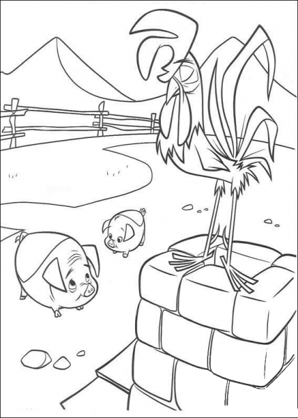 The Cock And Two Pigs  coloring page image