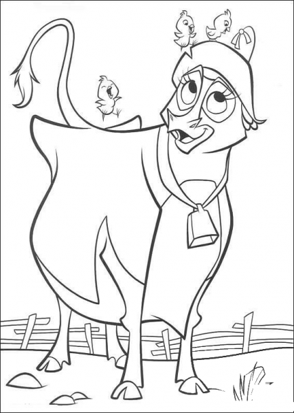 The Cow Plays with little chickens coloring page image
