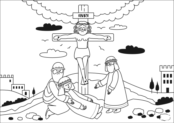 The Death of Jesus and Fainting Virgin Mary coloring page image