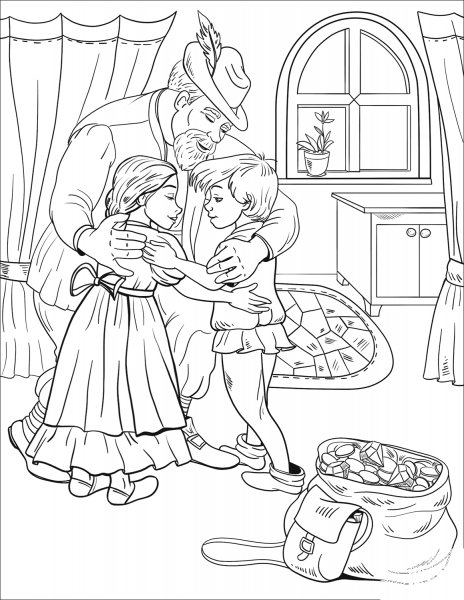 The Father is Happy to See his Children Alive coloring page image
