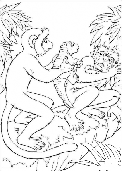 The Female Monkey Gives a Baby Dinosaur to the Male Monkey  coloring page image