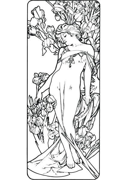 The Flowers: Iris by Alphonse Mucha coloring page image