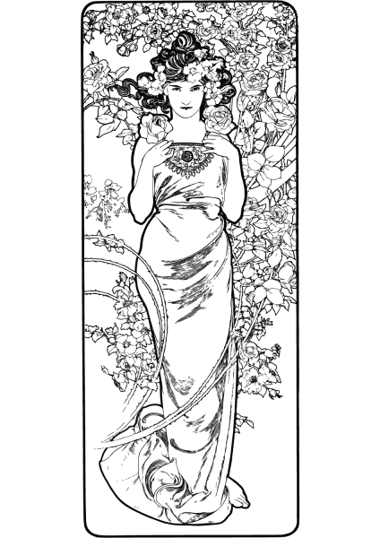 The Flowers: Rose by Alphonse Mucha coloring page image