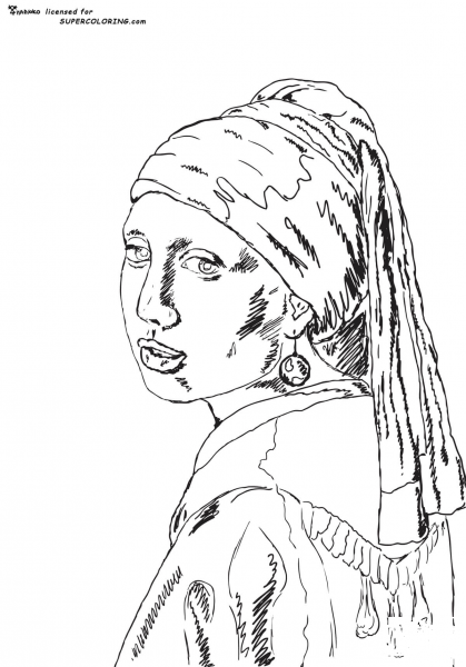 The Girl With The Pearl Earring By Johannes Vermeer  coloring page image