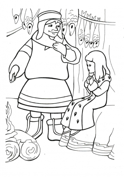 The Lappish Woman, who provides shelter to Gerda and Bae coloring page image
