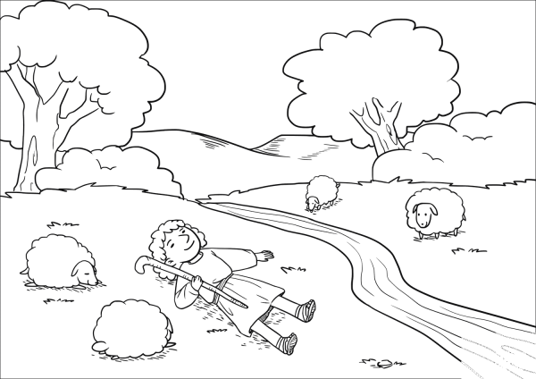 The Lord makes me lie down in green pastures coloring page image