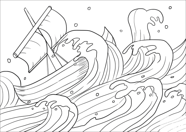 The Lord Sent a Great Wind on the Sea and a Violent Storm Arose coloring page image