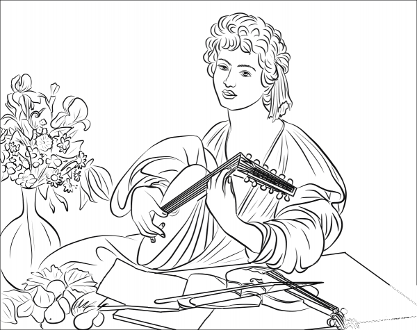 The Lute Player by Caravaggio coloring page image
