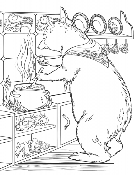 The Mama Bear Makes the Porridge for Breakfast coloring page image