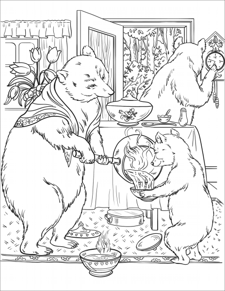 The Mama Bear Poures the Porridge into Porridge Pots coloring page image