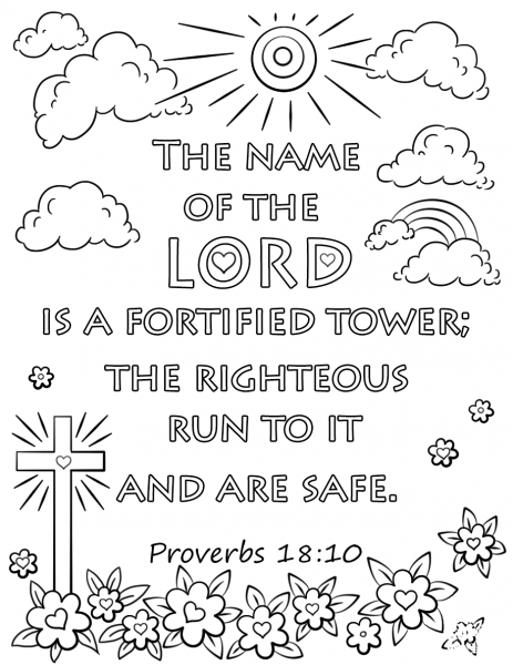 The Name of the Lord is a Fortified Tower; the Righteous Run to It and are Safe coloring page image