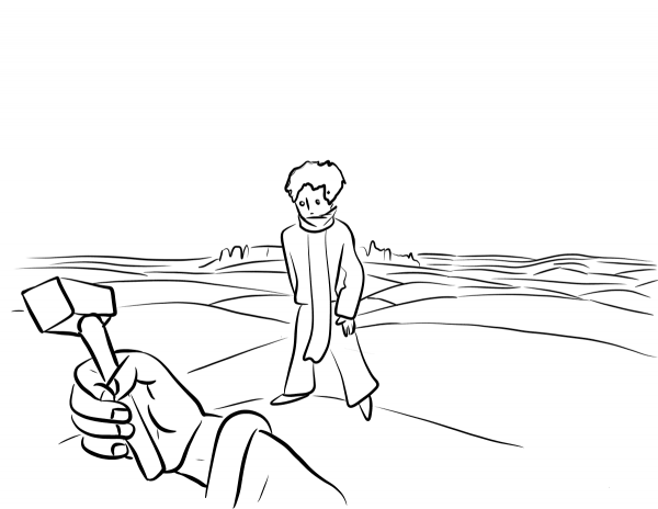 The Narrator Crashes in the Desert and Makes the Acquaintance of the Little Prince coloring page image