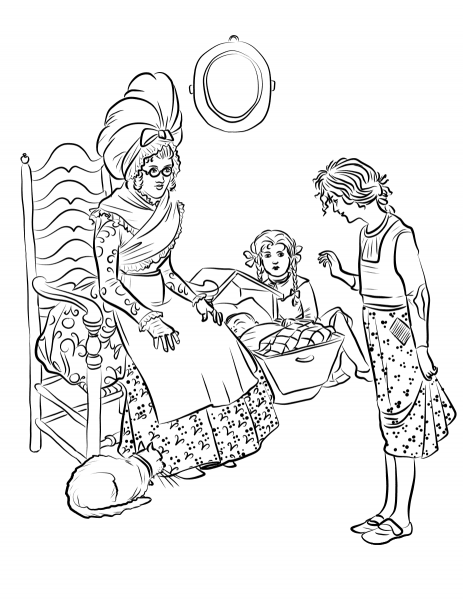 The Old Mother Shoemaker Made a Little Pair of Shoes for Karen coloring page image