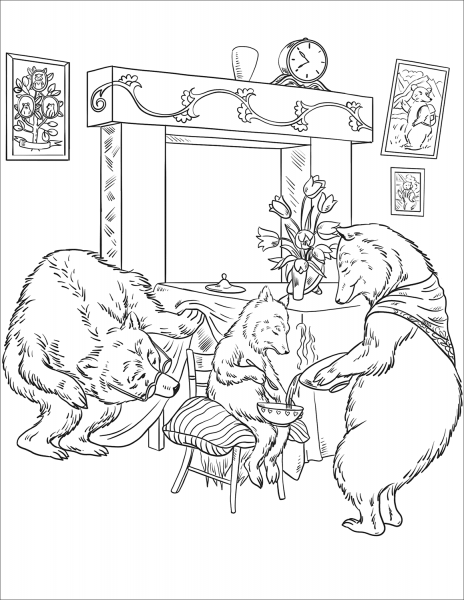 The Papa Bear is Looking Under the Table While the Mama Bear is Giving Her Porridge to the Baby Bear coloring page image