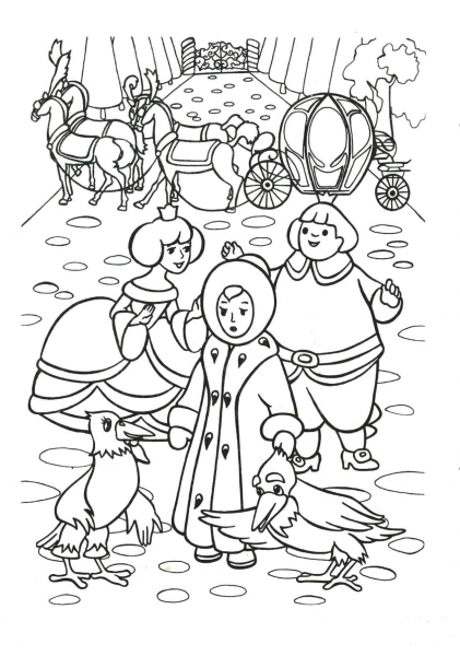 The Princess, the Prince, the crow, the tame crow and Gerda  coloring page image