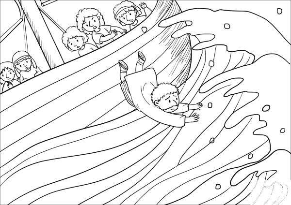 The Sailors Took Jonah and Threw Him Overboard and the Raging Sea Grew Calm coloring page image