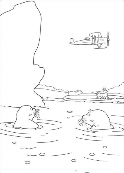 The Seals Are Swimming. A helicopter is in the sky.  coloring page image
