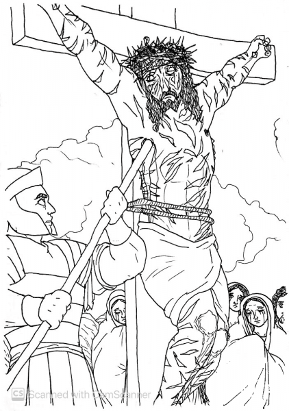The Soldier Took a Lance and Thrust It into Jesuss Side coloring page image
