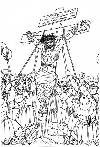 The Soldiers Lift up the Cross with Jesus on It and Plant It in the Ground coloring page image