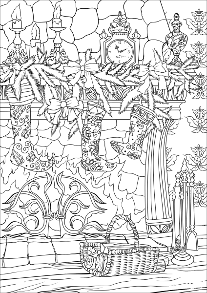 The Stockings were Hung by the Chimney with Care coloring page image