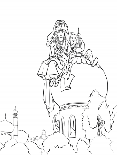 The Sultan’s Daughter Waits for the Merchant’s Son on the Roof coloring page image