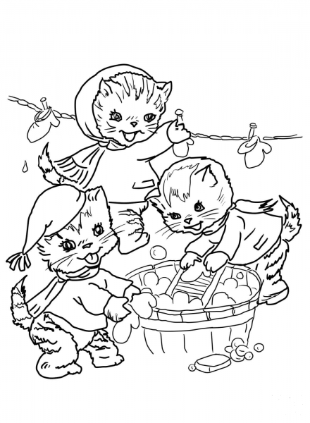 The Three Little Kittens They Washed Their Mittens coloring page image