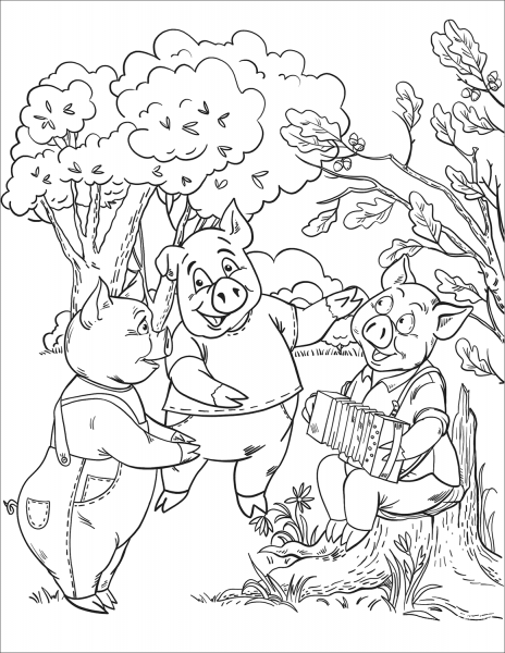 The Three Little Pigs Playing Games and Having Fun in Summer coloring page image