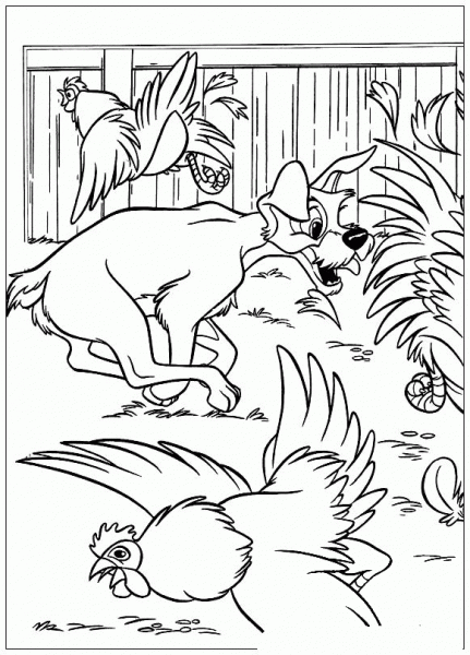 The Tramp and Cocks coloring page image