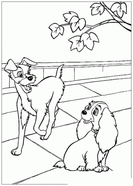 The Tramp and Lady are Chatting Under The Tree coloring page image