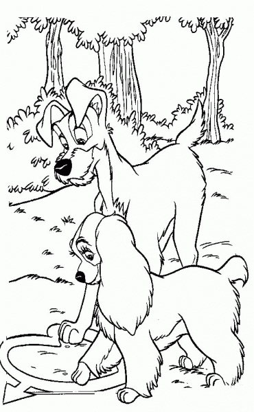 The Tramp and Lady coloring page image