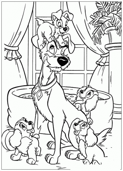 The Tramp and puppies coloring page image