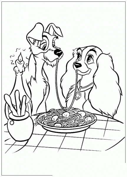 The Trump and Lady are eating Tasty Spaghetti coloring page image