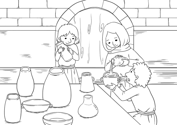 The Widow and Her Sons Pour Oil into All the Jars coloring page image