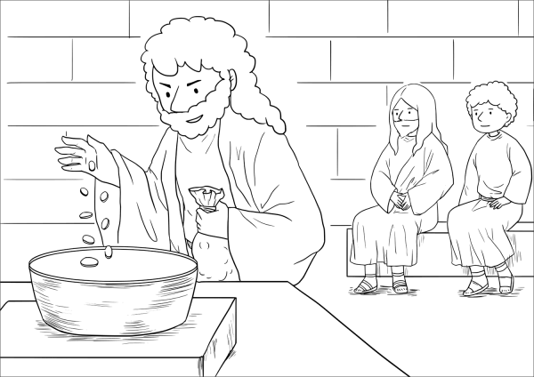 The Widowâs Offering (Mark 12:41-44) coloring page image