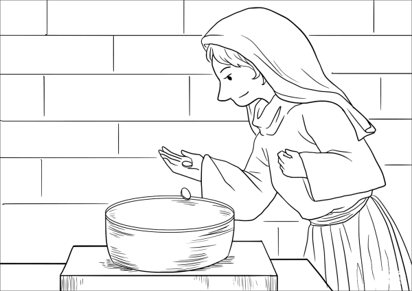 The Widowâs Offering (Mark 12:41-44) coloring page image