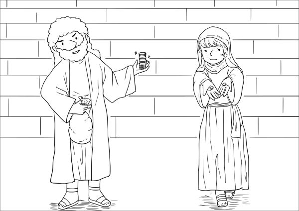 The Widowâs Offering (Mark 12:41-44) coloring page image