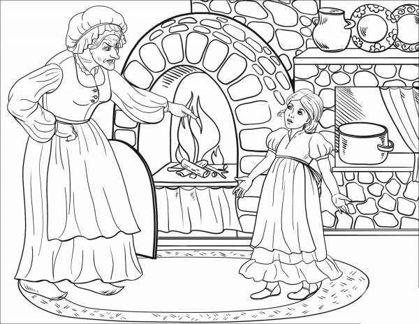The Witch Asks Gretel to Check If the Oven is Properly Heated, but Gretel Pretends Not to Know How to Look coloring page image
