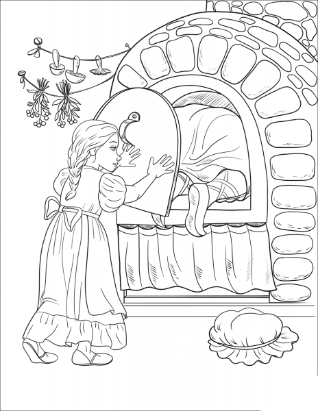 The Witch Gets in Herself into the Oven While Gretel Shuts the Iron Door coloring page image