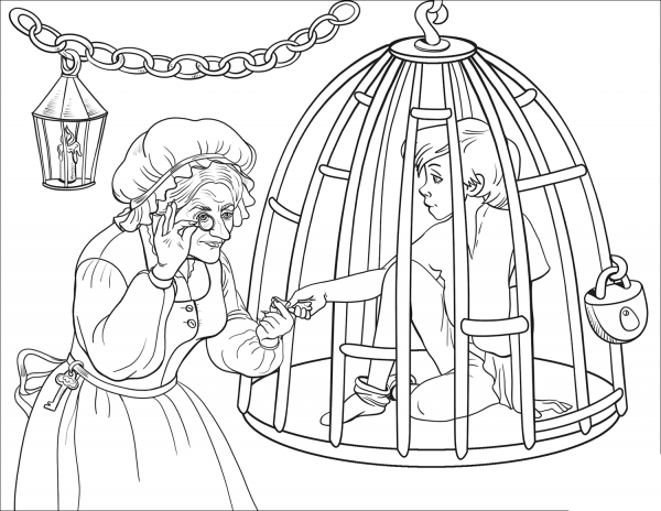 The Witch is Checking If Hansel is Enough Fat to Eat Him coloring page image