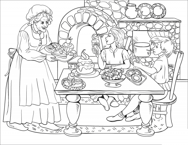The Witch Treats Children to Cakes, Ice Creams, and Candies coloring page image