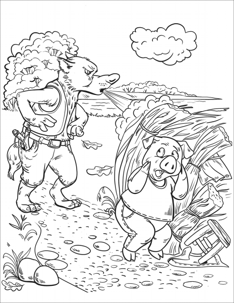 The Wolf Blows the Straw House of Peter Pig coloring page image